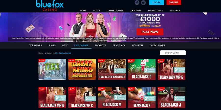 Live casino games at Bluefox Casino